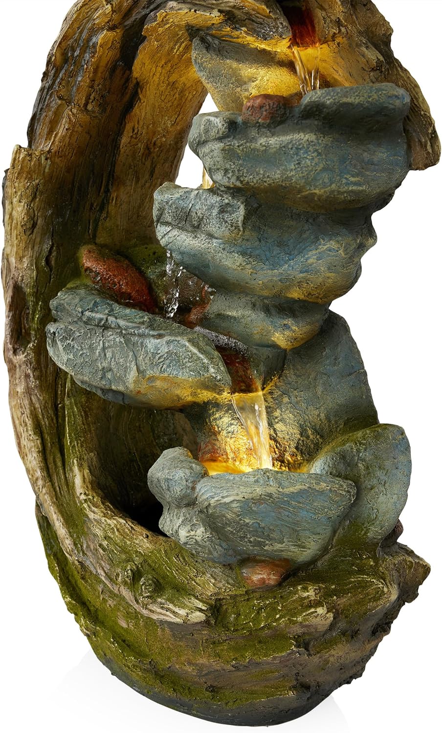 Alpine Corporation WIN1554S Outdoor Curved Trunk and Stone Floor Fountain with Warm White LED Lights, Tiered Garden Decor, 24' H, Brown