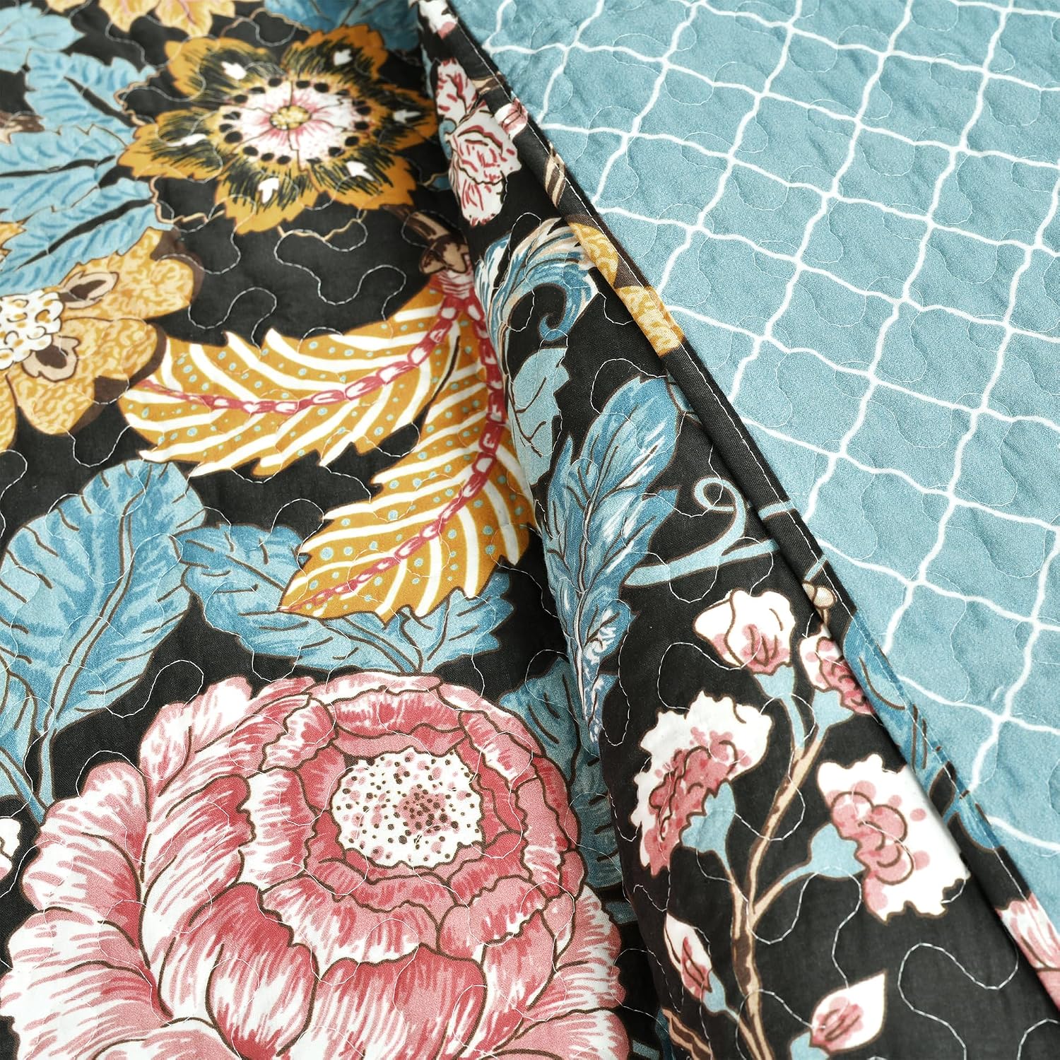 Lush Decor Sydney Reversible Cotton Quilt Set, 3 Piece Set, King, Black & Blue - Cotton Bedding Set - Black Floral Quilt - Cottage Decor - Bedding King Size