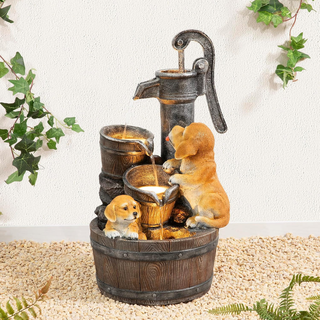 Glitzhome Water Fountain Outdoor, Outdoor Fountain with Lights & Pump, 23.75' H Cute Dog Playing Around The Water Polyresin Cascading Waterfall Floor Standing Water Feature for Garden, Patio
