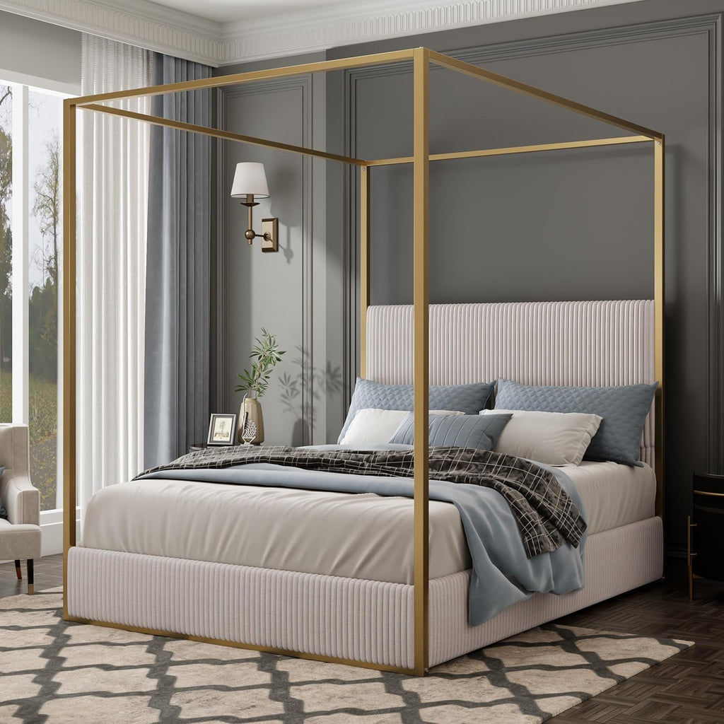 Queen Size Metal Canopy Bed with Tall Upholstered Channel Headboard and Gold 4 Poster, No Box Spring Needed (Beige+Gold, Queen)