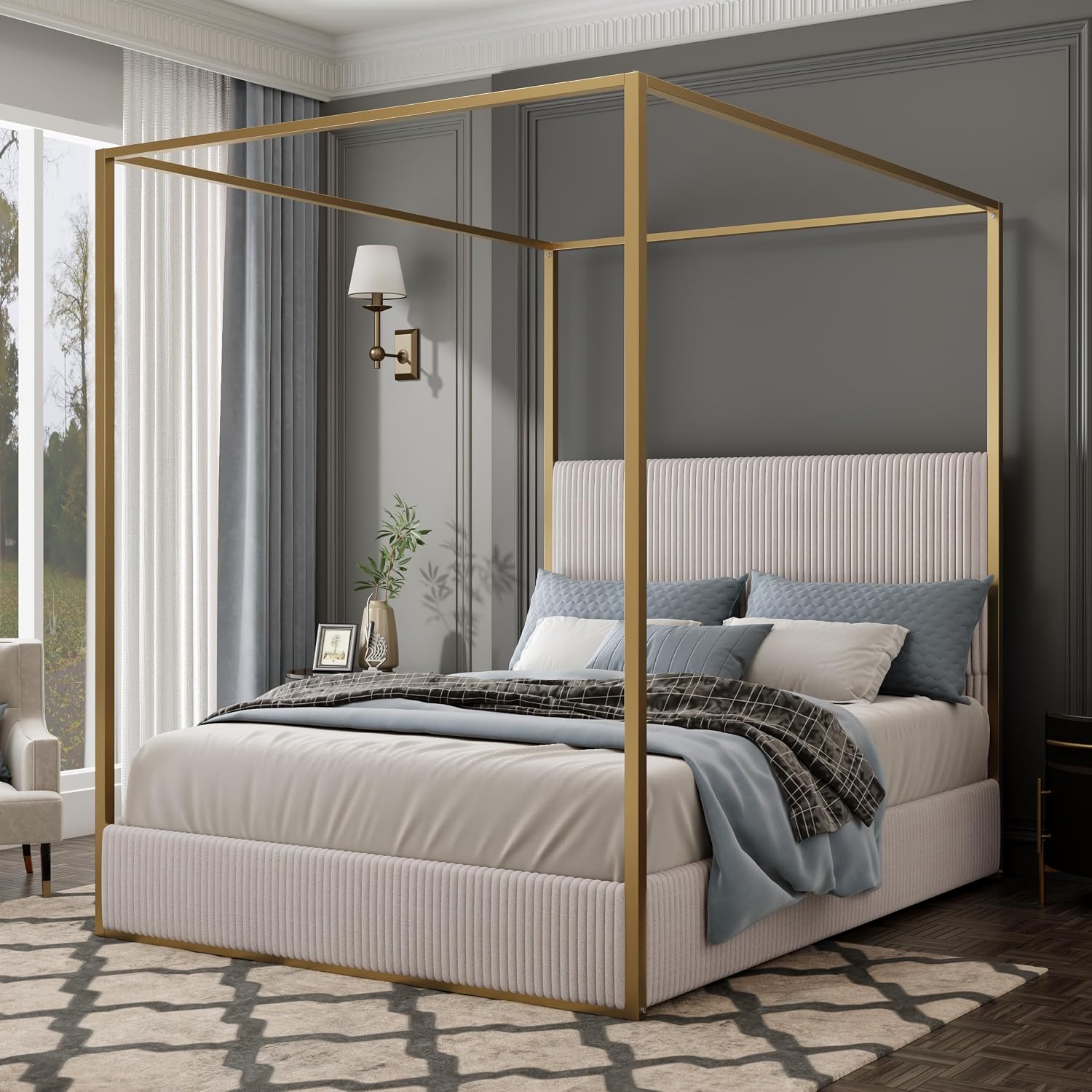 King Size Metal Canopy Bed with Tall Upholstered Channel Headboard and Gold 4 Poster, No Box Spring Needed (Beige+Gold, King)