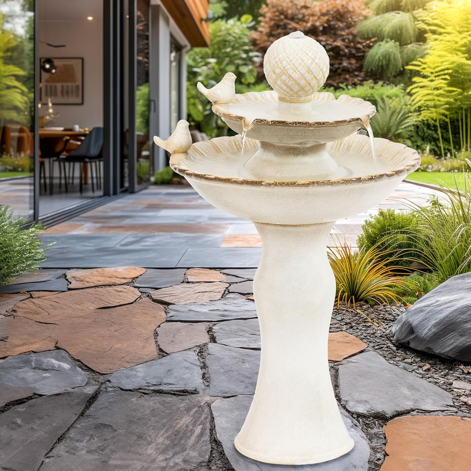 Sunnydaze 27' H 2-Tier Ceramic Water Fountain - Outdoor Water Feature for Patio, Yard, Balcony - Garden Fountain - White
