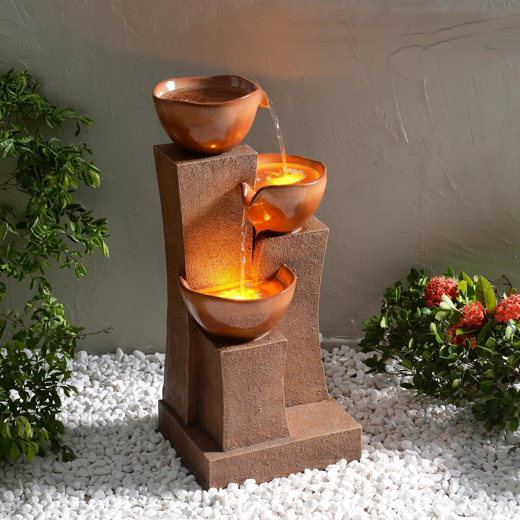 Teamson Home 28.54 in. 3-Tier Cascading Outdoor Water Fountain with LED Lights for Gardens, Landscaping, Patios, Balconies, Lawns, Brown