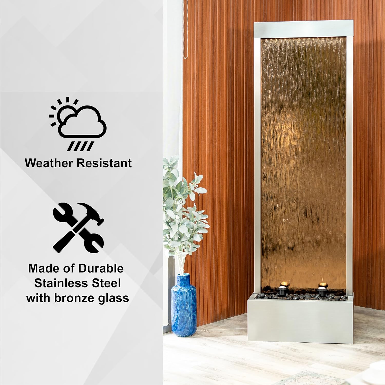 Xbrand Fountain 68' Freestanding Modern Indoor/Outdoor Waterfall Fountain w/Decorative Rocks, LED Lights & Auto-Shut Off Pump, Silver Frame and Brown Glass