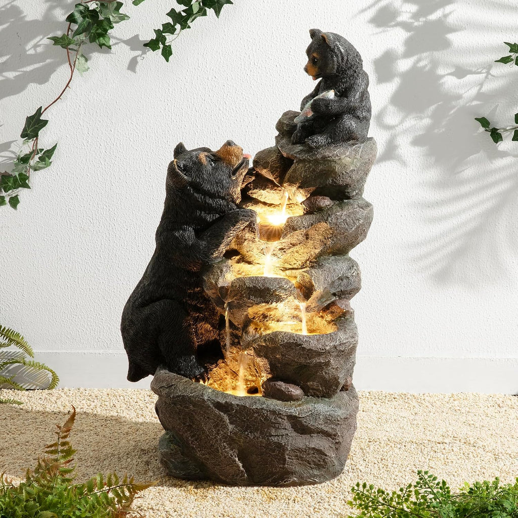 Glitzhome Water Fountain Outdoor, Outdoor Fountain with Lights & Pump, 30.5' H 4-Tiered Mom and Baby Bear Polyresin Cascading Waterfall Floor Standing Water Feature for Garden, Patio, Yard, Deck