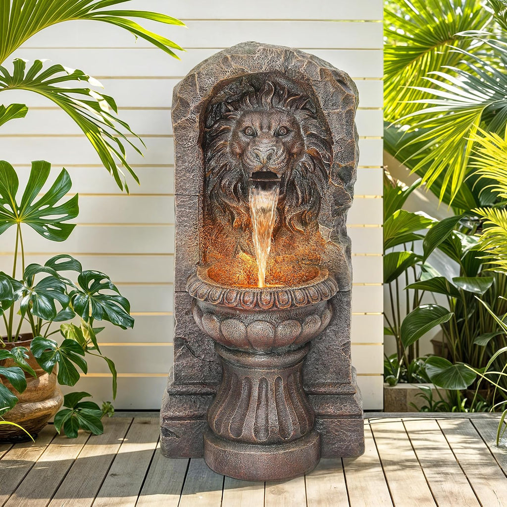 30' Majestic Lion Head Outdoor Water Fountain, Rustic Stone Pedestal Cascading Water Feature with Warm LED Lights, Tranquil Oasis for Outside Garden Patio Yard Decor