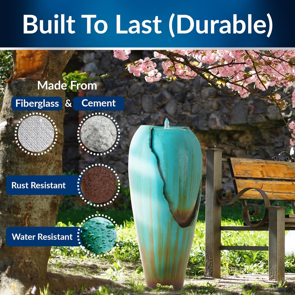 Alpine Corporation 33' Tall Outdoor Antique Jar Water Fountain, Vintage Cascading Design with LED Lights, Garden, Patio & Yard Decor, Turquoise