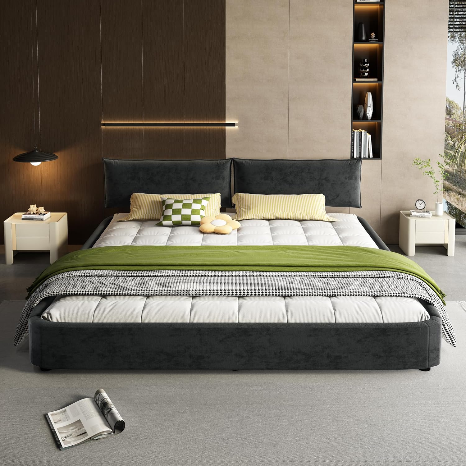 King Size Upholstered Platform Bed, Chenille Cloud Bed Frame with Oversized Padded Movable Headboard, Round Corner, Metal + Solid Wooden Slat Double Support, No Box Spring Needed (Dark Grey-65)