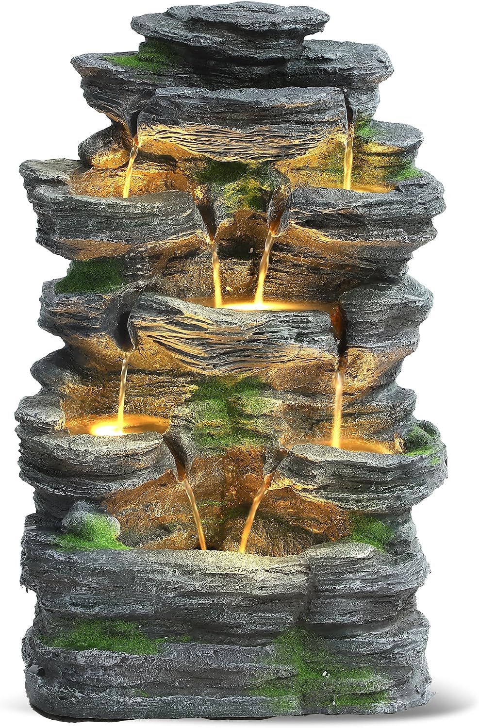 Grepatio Outdoor 7-Tiers Cascading Rock Water Fountain, Waterfall Fountain with 6 LED Lights, Outdoor Fountains and Waterfalls for Garden or Patio, Yard, and Deck Decor with Natural Stone Look