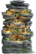 Grepatio Outdoor 7-Tiers Cascading Rock Water Fountain, Waterfall Fountain with 6 LED Lights, Outdoor Fountains and Waterfalls for Garden or Patio, Yard, and Deck Decor with Natural Stone Look