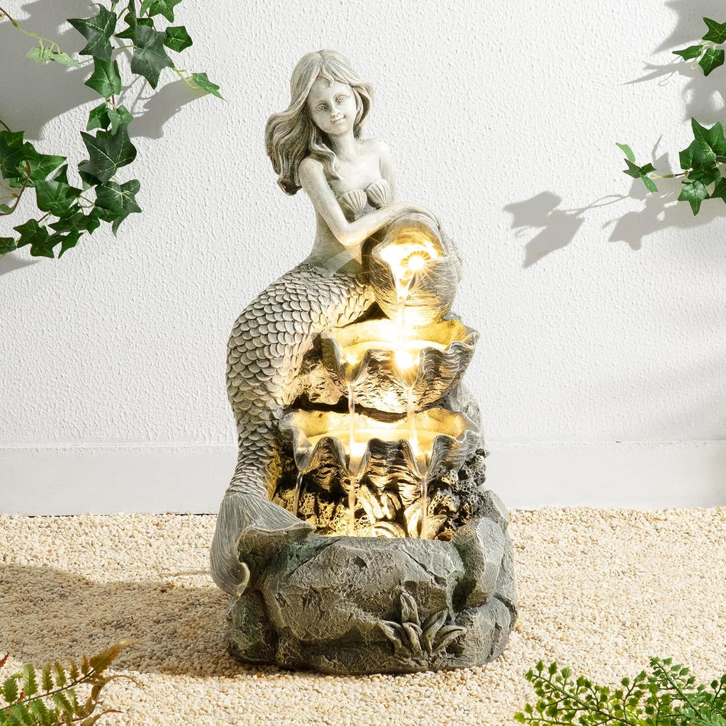Glitzhome Water Fountain Outdoor, Outdoor Fountain with Lights & Pump, 22.25' H 4-Tiered Concrete Mermaid Polyresin Waterfall Floor Standing Water Feature for Garden, Patio, Yard, Deck, Porch