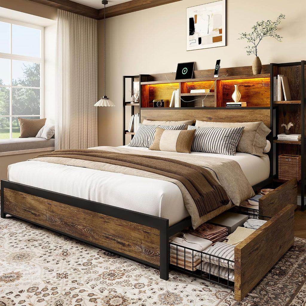 BRELTAM King Size Bed Frame with 4 Storage Drawers and Headboard Featuring Shelf Storage, Wooden Platform Bed Frame with LED Lights and Charging Station, Easy Assembly/No Box Spring Needed/Brown