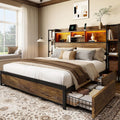 BRELTAM Queen Size Bed Frame with 4 Storage Drawers and Headboard Featuring Shelf Storage, Wooden Platform Bed Frame with LED Lights and Charging Station, Easy Assembly/No Box Spring Needed/Brown