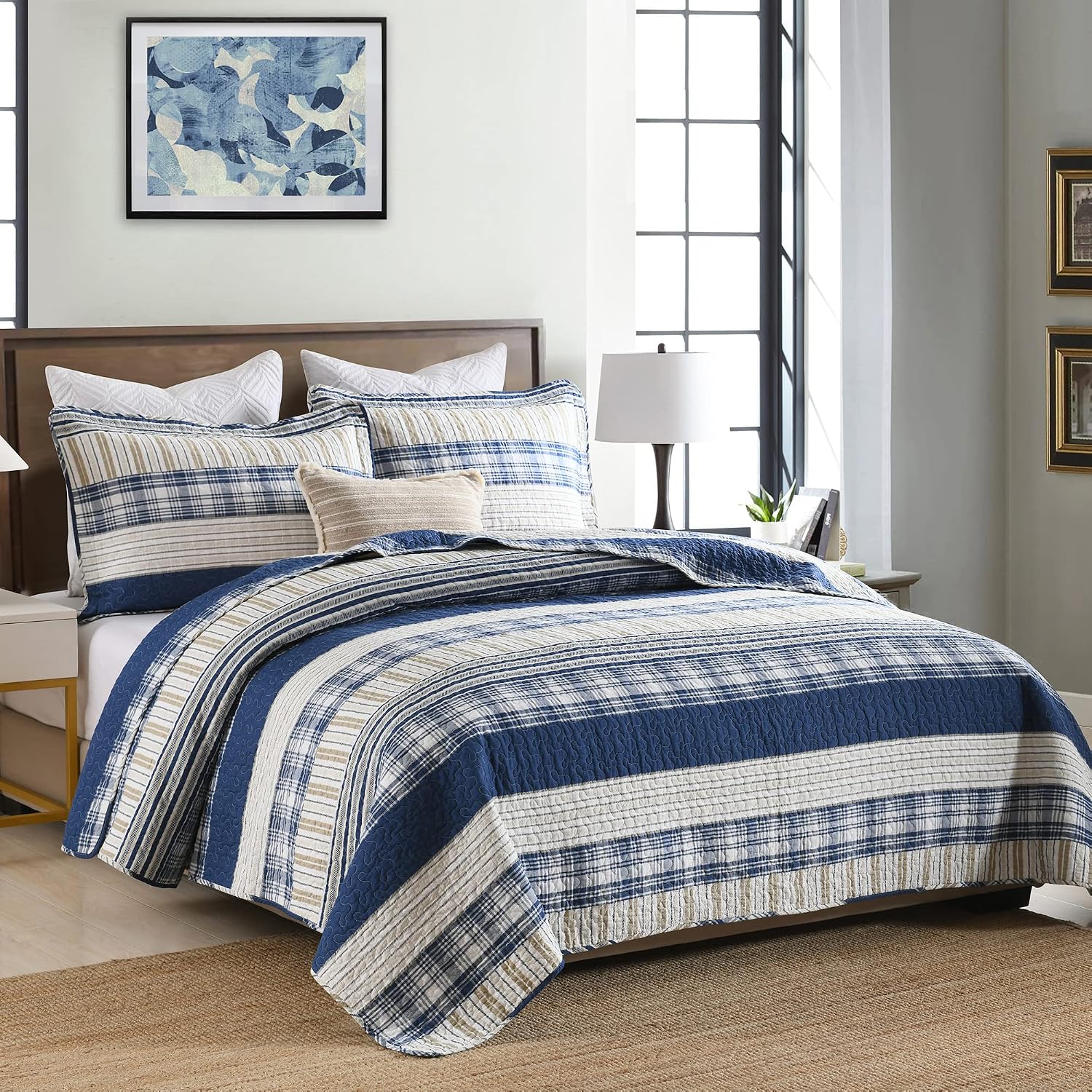 Homzard 100% Cotton Qult Set, California King 118'' x 106'' Oversized Bedspread Set with 2 Pillow Shams, Blue White Tan Bedding Comforter Set, Plaid Striped Coverlet Sets Reversible Bed Set | Oeko-Tex Certified