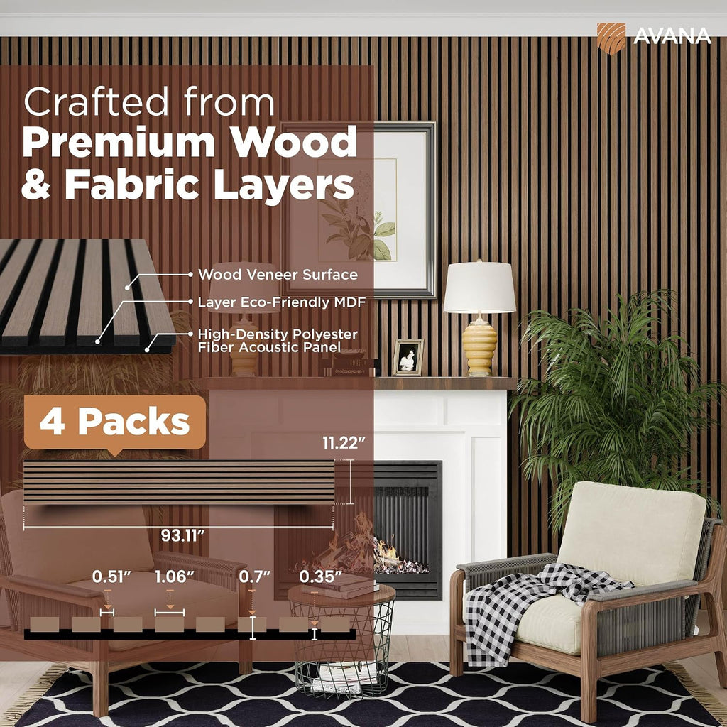 Avana Acoustic Wood Wall Panels – 93.2x11.25 Inch Panels – Fits 94x12 Layout – Smoke Walnut Acoustic Panels 4 PCs – Wall Panels for Interior Wall Decor for Homes, Offices – Wood Panels for Wall