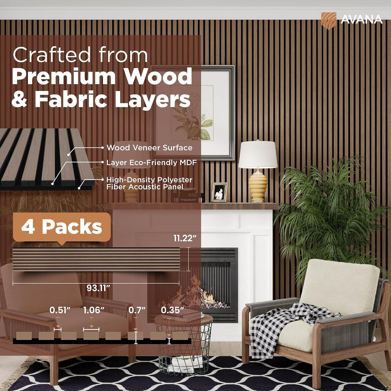 Avana Acoustic Wood Wall Panels – 93.2x11.25 Inch Panels – Fits 94x12 Layout – Smoke Walnut Acoustic Panels 4 PCs – Wall Panels for Interior Wall Decor for Homes, Offices – Wood Panels for Wall
