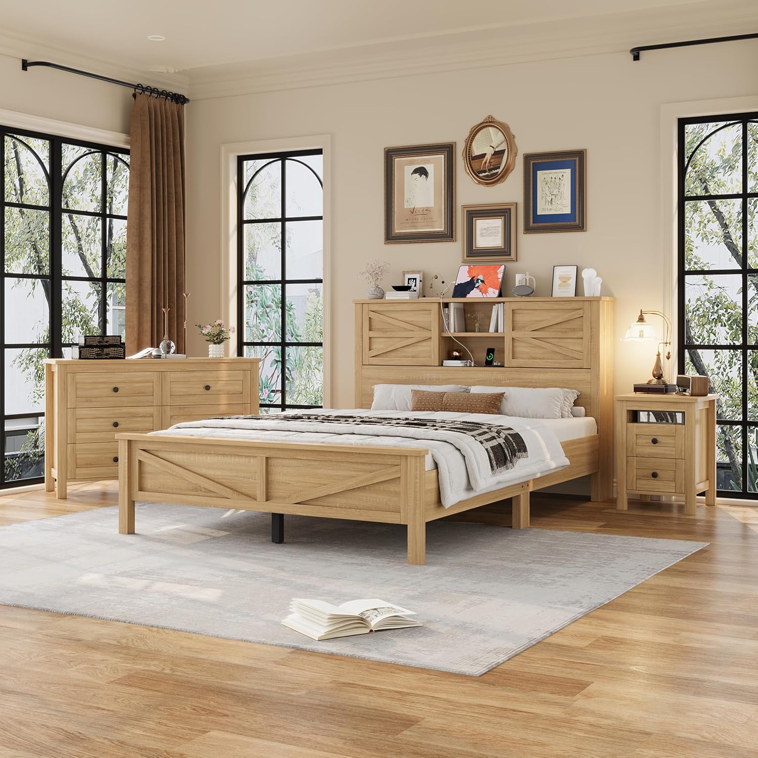 Farmhouse Bedroom Set 3 Pieces, Queen Size Wood Platform Bed Frame, Nightstand and Dressing Table, Queen Bedframe with Double Sliding Door Headboard and Charging Station (Natural, Queen)