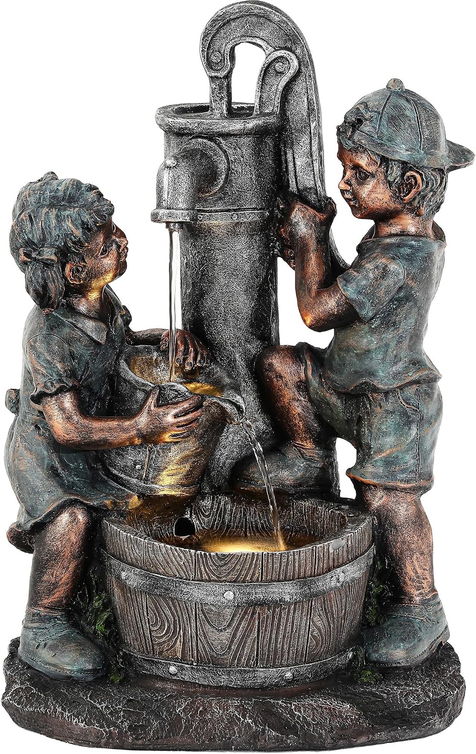 26' Outdoor Fountain, 3-Tier Boy-Girl Playing with Faucet Water Feature with LED Lights, Antique Resin Soothing Cascading Waterfall for Patio, Backyard, Garden or Porch