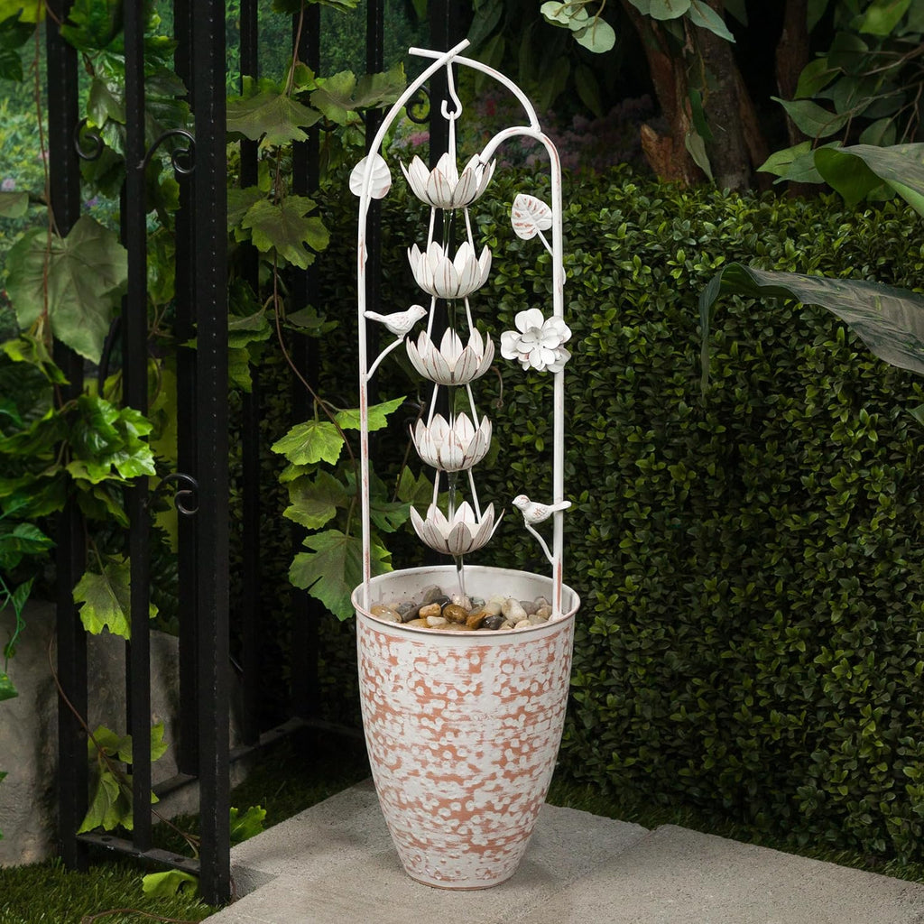 Alpine Corporation 30' Tall Metal Rustic Water Fountain with Decorative Flower, Cascading Waterfall Feature for Gardens, Patios, and Outdoor Decor, White