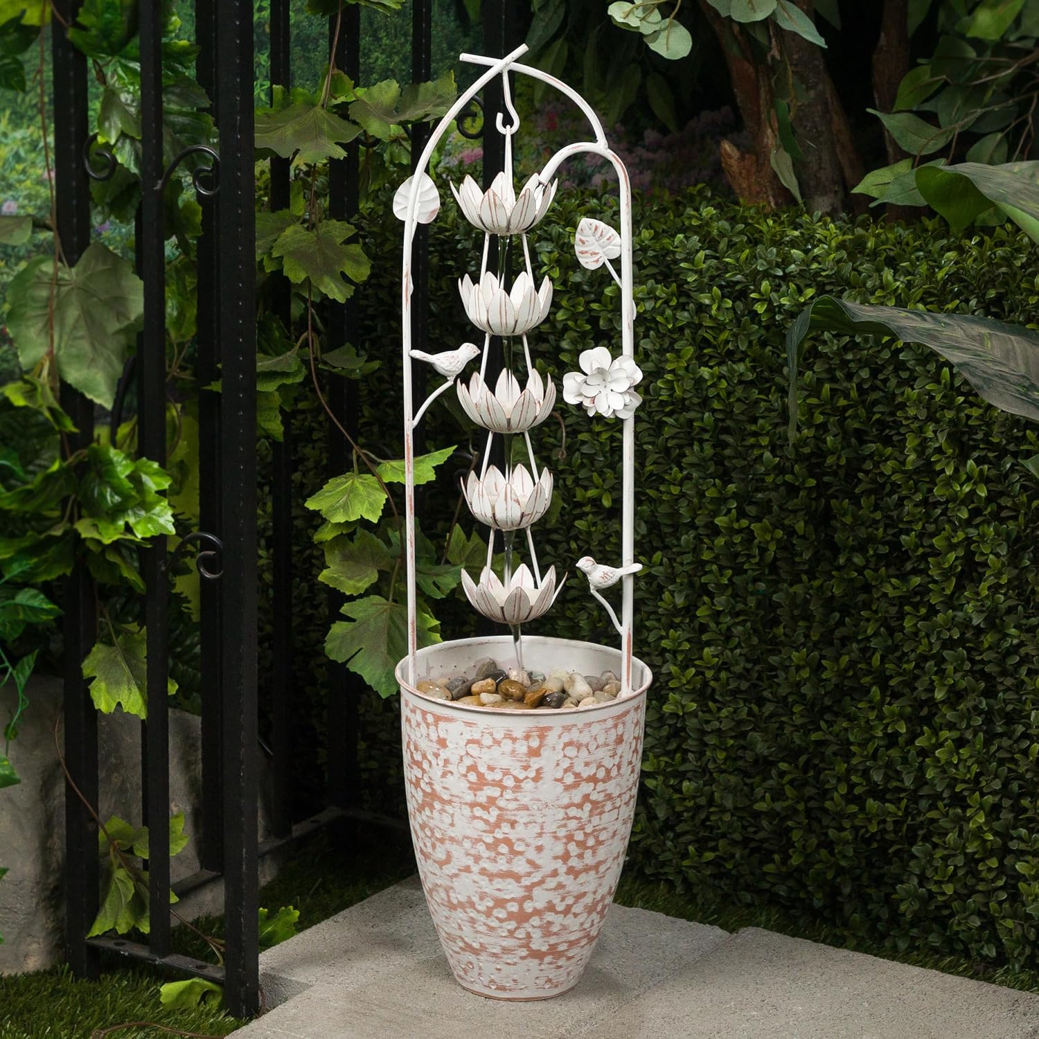 Alpine Corporation 30' Tall Metal Rustic Water Fountain with Decorative Flower, Cascading Waterfall Feature for Gardens, Patios, and Outdoor Decor, White