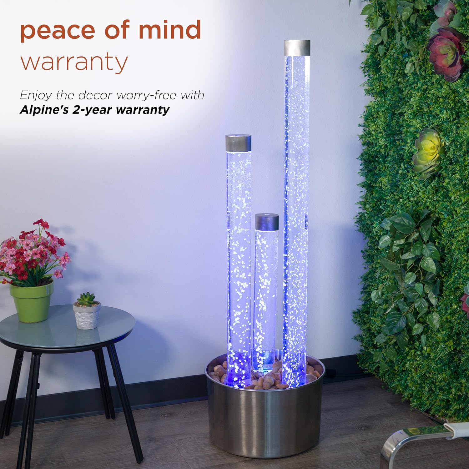 Alpine Corporation 54' Tall 3 Tier Indoor and Outdoor Water Acrylic Bubble Fountain for Home, Office, and Patio Decor, with Remote and 16 Color LED Lights, Silver Base