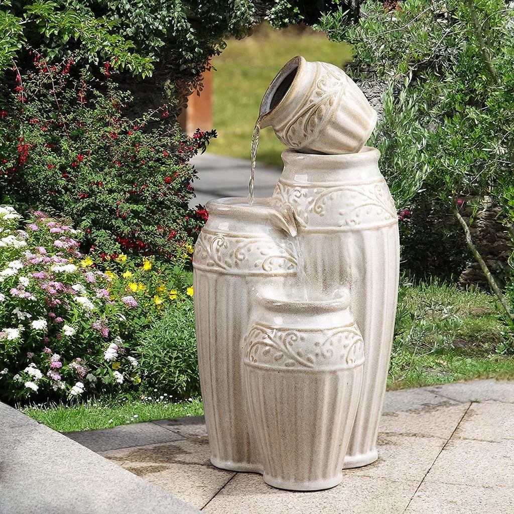 Glitzhome 27.25' H Outdoor Garden Water Fountain with LED Lights and Pump, 4 Tier Sand Beige Embossed Pattern Ceramic Pots Cascading Floor Standing Fountain for Porch Deck Patio Backyard Decoration