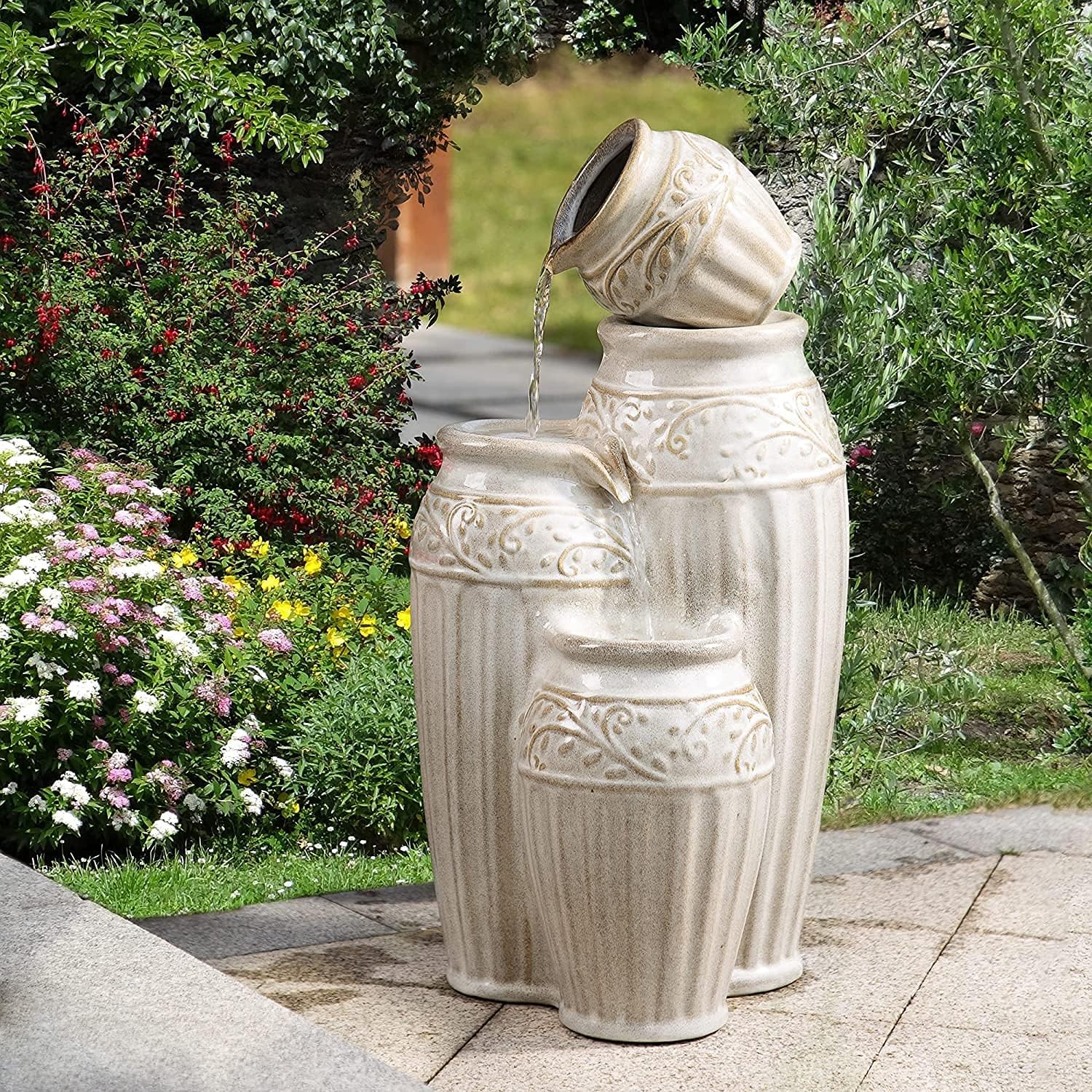 Glitzhome 27.25' H Outdoor Garden Water Fountain with LED Lights and Pump, 4 Tier Sand Beige Embossed Pattern Ceramic Pots Cascading Floor Standing Fountain for Porch Deck Patio Backyard Decoration