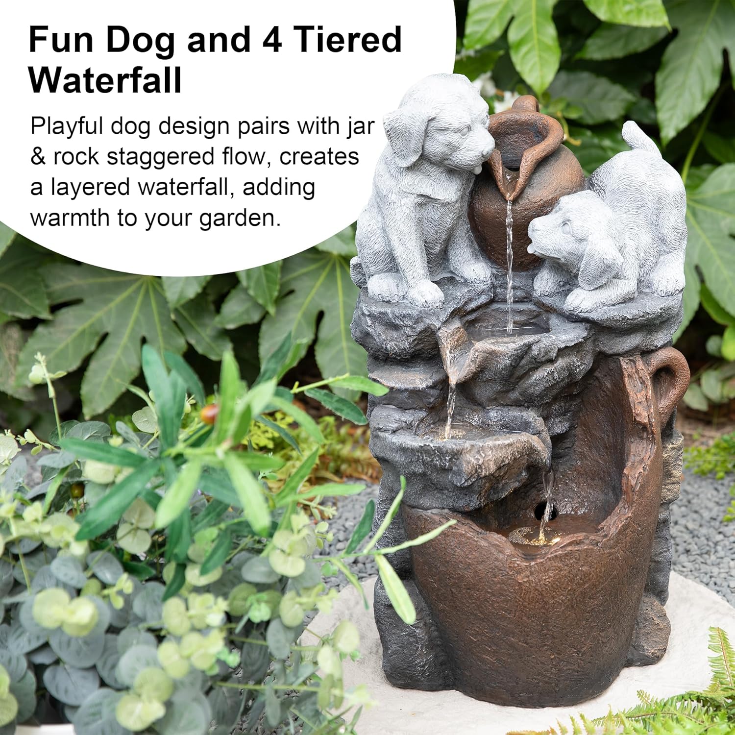 Glitzhome Water Fountain Outdoor, Outdoor Fountain with Lights & Pump, 23.5' H 4-Tiered Dogs and Pot Polyresin Cascading Waterfall Floor Standing Water Feature for Garden, Patio, Yard, Deck