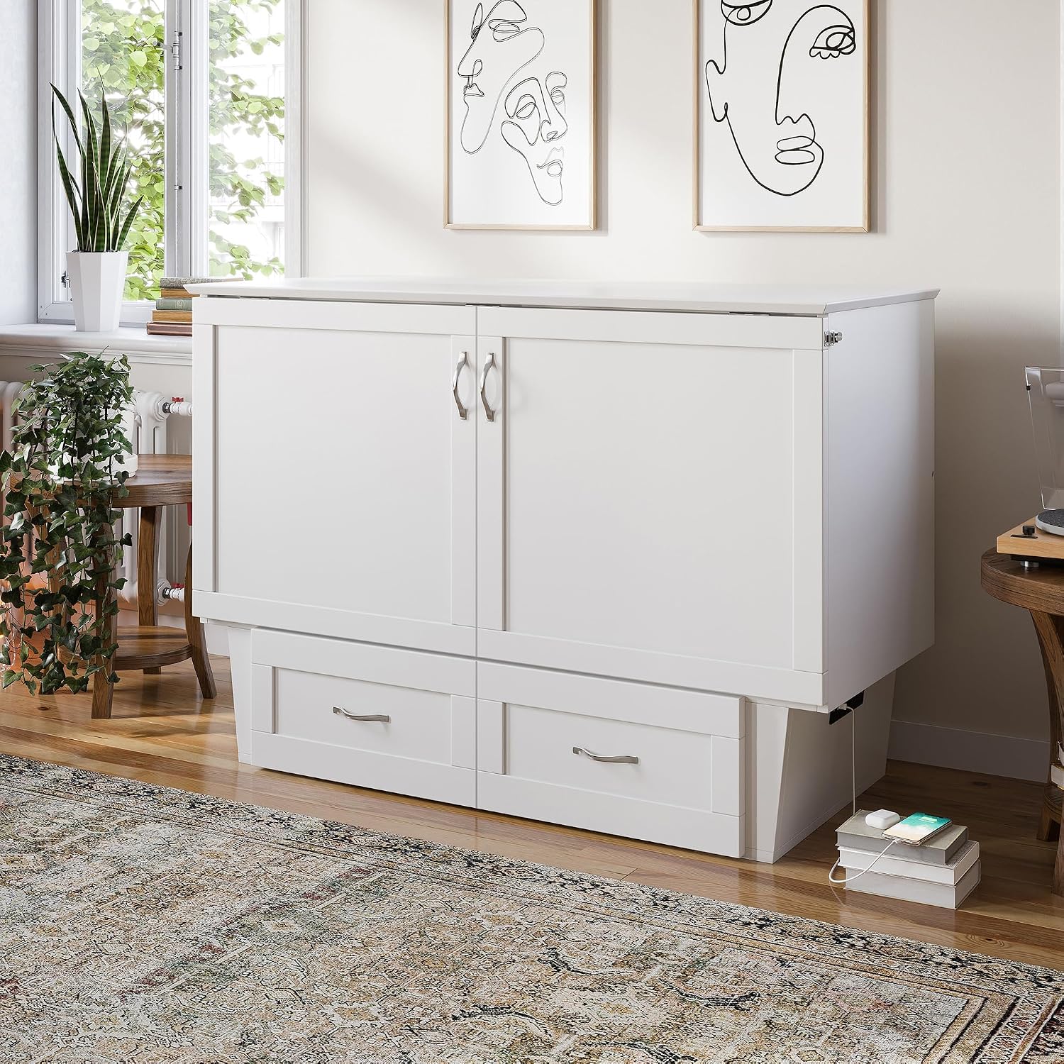 AFI, Monroe Full Murphy Bed Chest with 6' Mattress, Storage Drawer & Built-in USB Charger, White