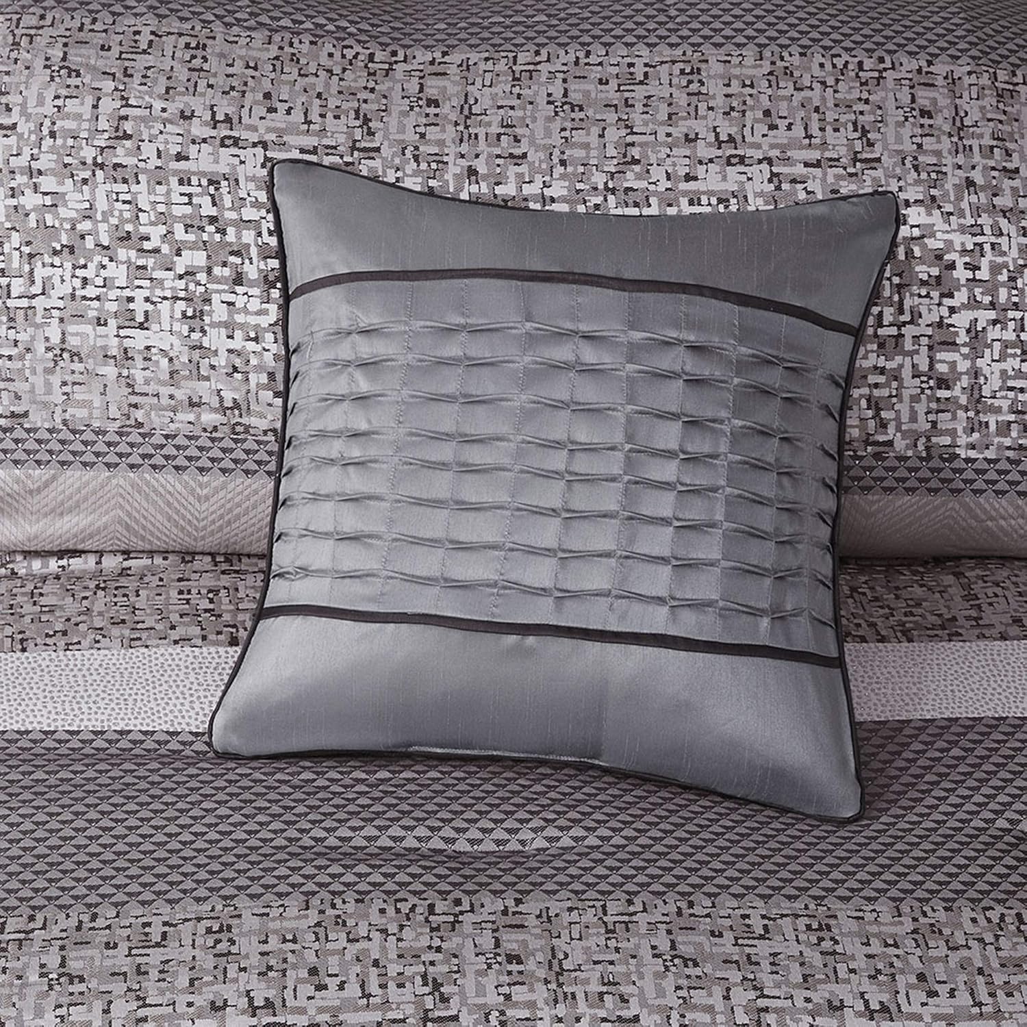 Madison Park Luxury Comforter Set-Traditional Jacquard Design All Season Down Alternative Bedding, Matching Bedskirt, Decorative Pillows, Queen(90'x90'), Rhapsody, Striped Grey/Taupe 7 Piece