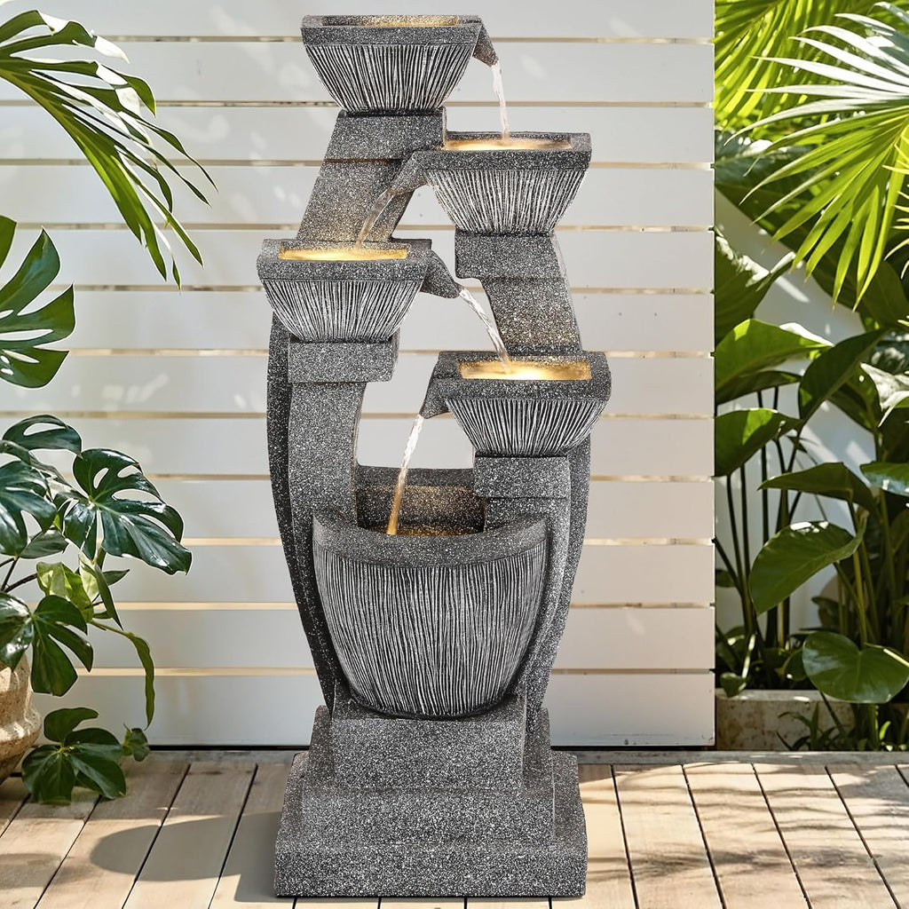 40.5' Outdoor Fountain, Four-Column & Bowls Water Feature with LED Lights, Modern Resin Soothing Cascading Waterfall for Patio, Backyard, Garden or Porch