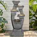 40.5' Outdoor Fountain, Four-Column & Bowls Water Feature with LED Lights, Modern Resin Soothing Cascading Waterfall for Patio, Backyard, Garden or Porch
