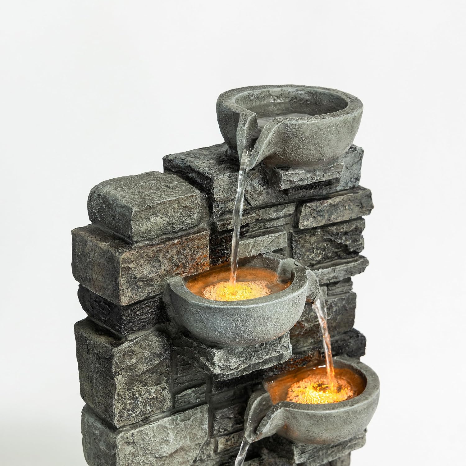 Teamson Home 28.5' Outdoor 4-Tier Stacked Stone Cascading Water Fountain with LED Lights, Gray
