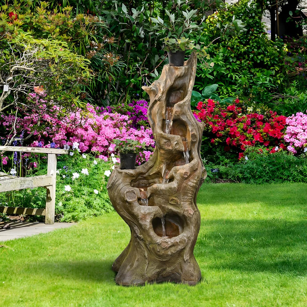 Sunlinua Water Fountain Outdoor 5-Tiers Large Cascading Realistic Tree Trunk Natural Waterfall Outdoor Fountains Resin Imitation Wood with LED Lights for Garden, Patio, Porch