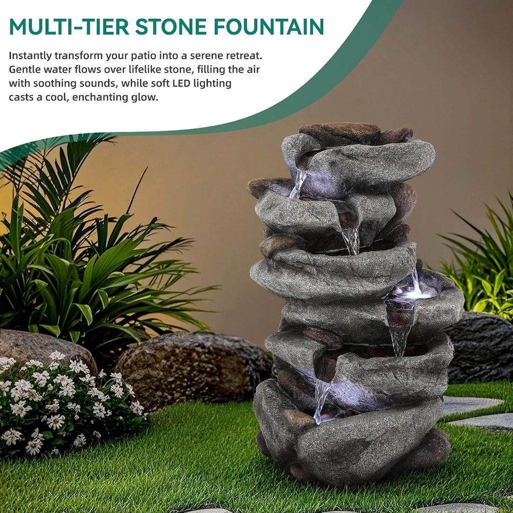 20' H Outdoor Water Fountain with LED Lights, 5-Tier Rock Outdoor Fountain with Pump,Polyresin Cascading Freestanding Waterfall Feature for Tranquil Garden, Patio or Porch