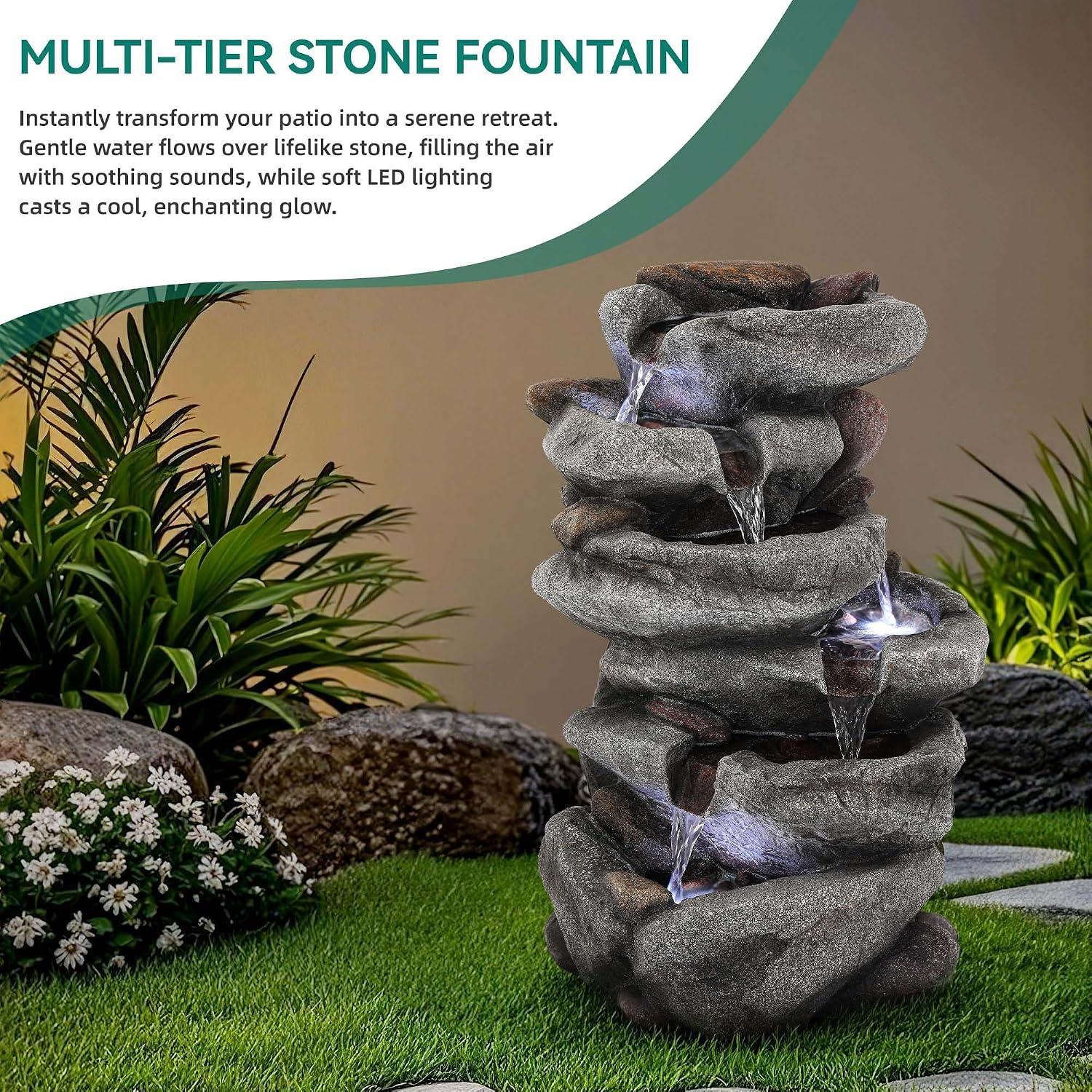 20' H Outdoor Water Fountain with LED Lights, 5-Tier Rock Outdoor Fountain with Pump,Polyresin Cascading Freestanding Waterfall Feature for Tranquil Garden, Patio or Porch