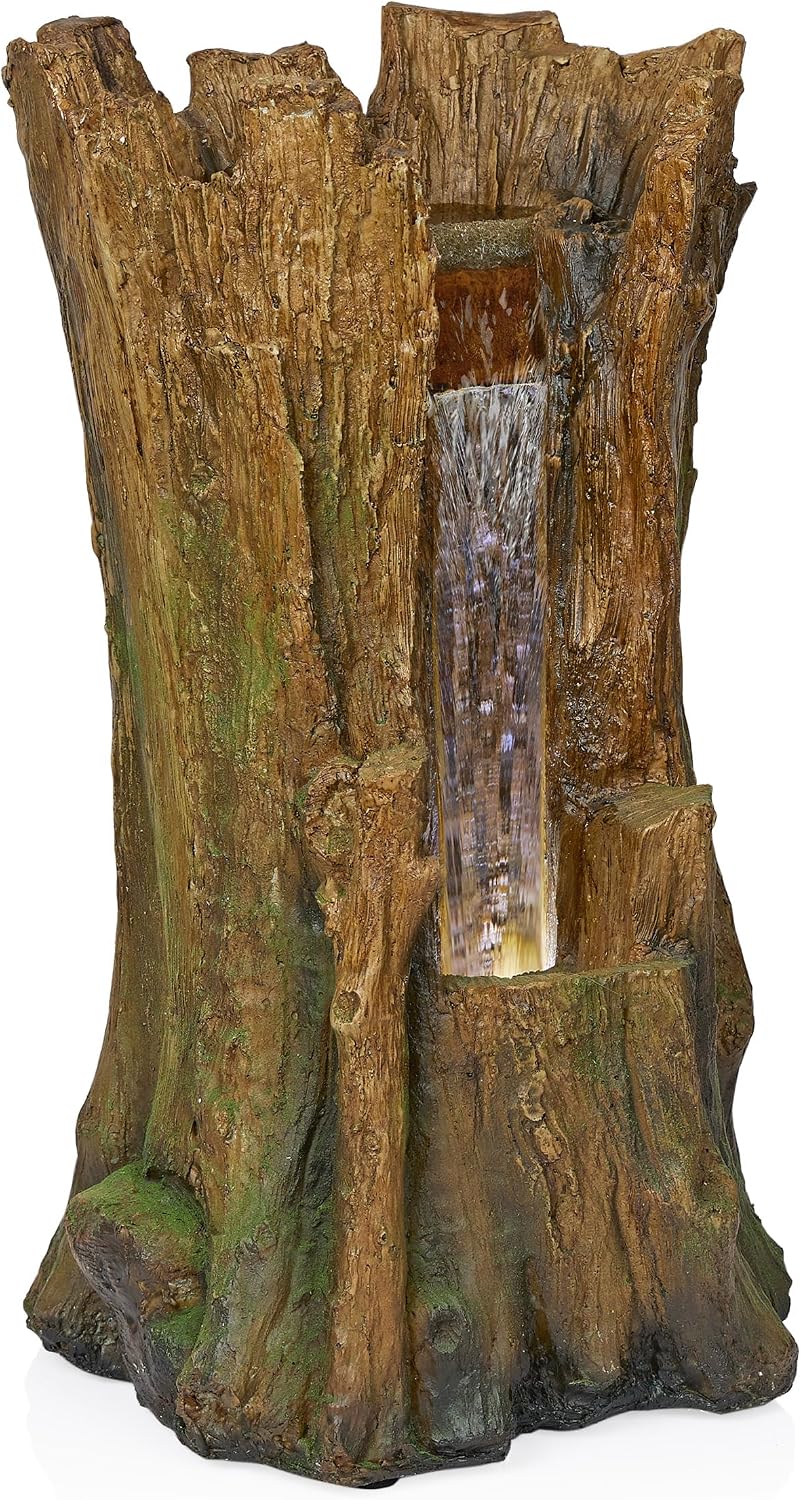 Alpine Corporation TZL294 Outdoor Tree Trunk Floor Fountain with Cool White LED Lights, Tiered Garden Decor, 22' H, Brown