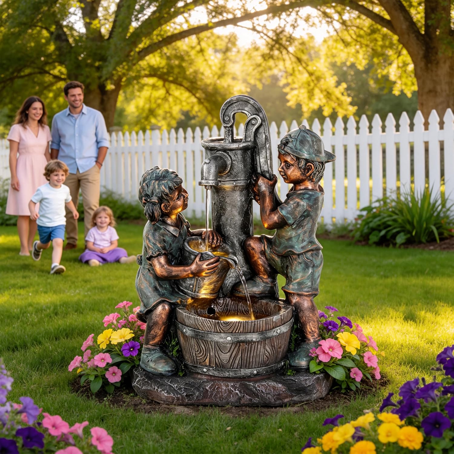 26' Outdoor Fountain, 3-Tier Boy-Girl Playing with Faucet Water Feature with LED Lights, Antique Resin Soothing Cascading Waterfall for Patio, Backyard, Garden or Porch