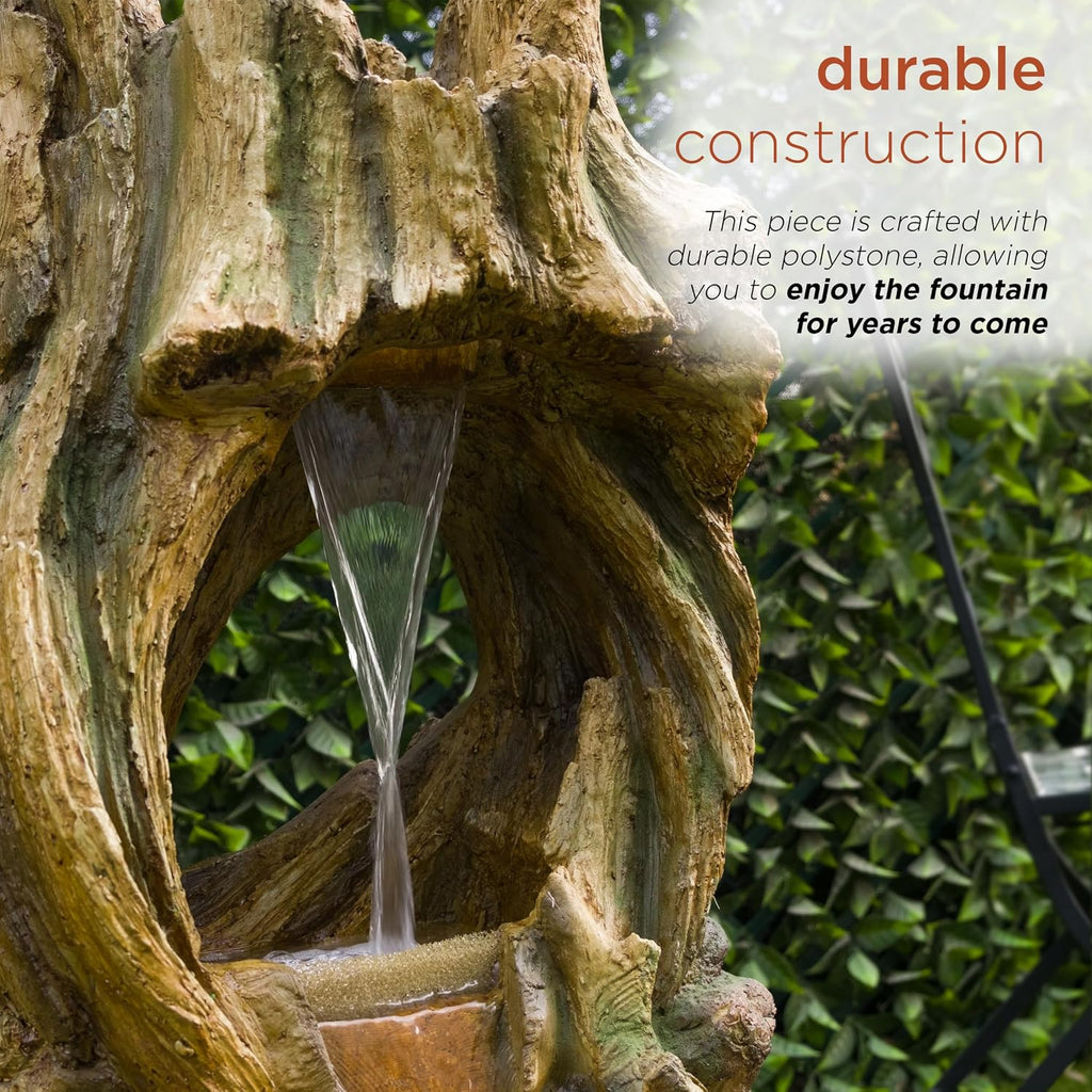 Alpine Corporation 40' Tall Open Tree Trunk Floor Fountain with Cool White LED Lights, Tiered Garden Decor, Brown