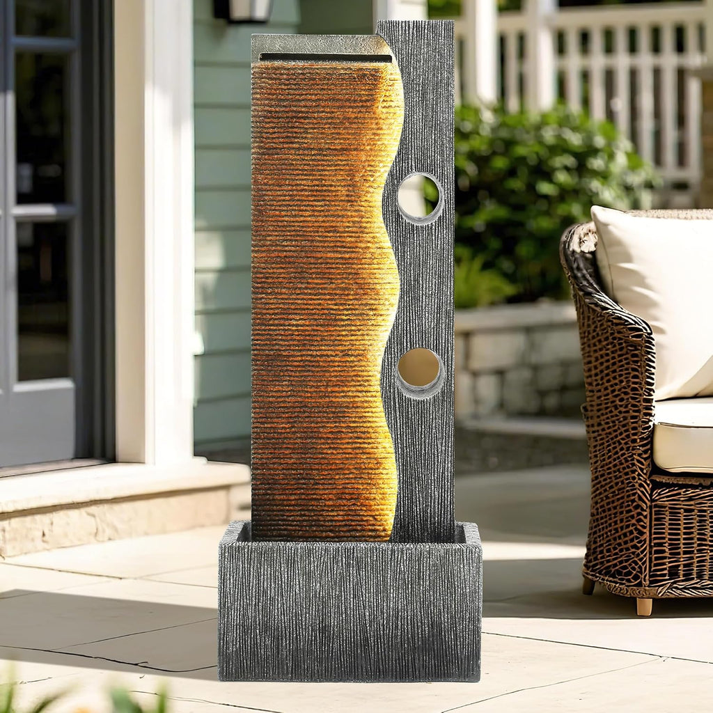 39.4' Modern Zen Faux Slate Water Fountain for Indoors or Outdoors with LED Lights, Cascading Waterfall, Tranquil Water Feature for Patio, Garden, Deck or Porch