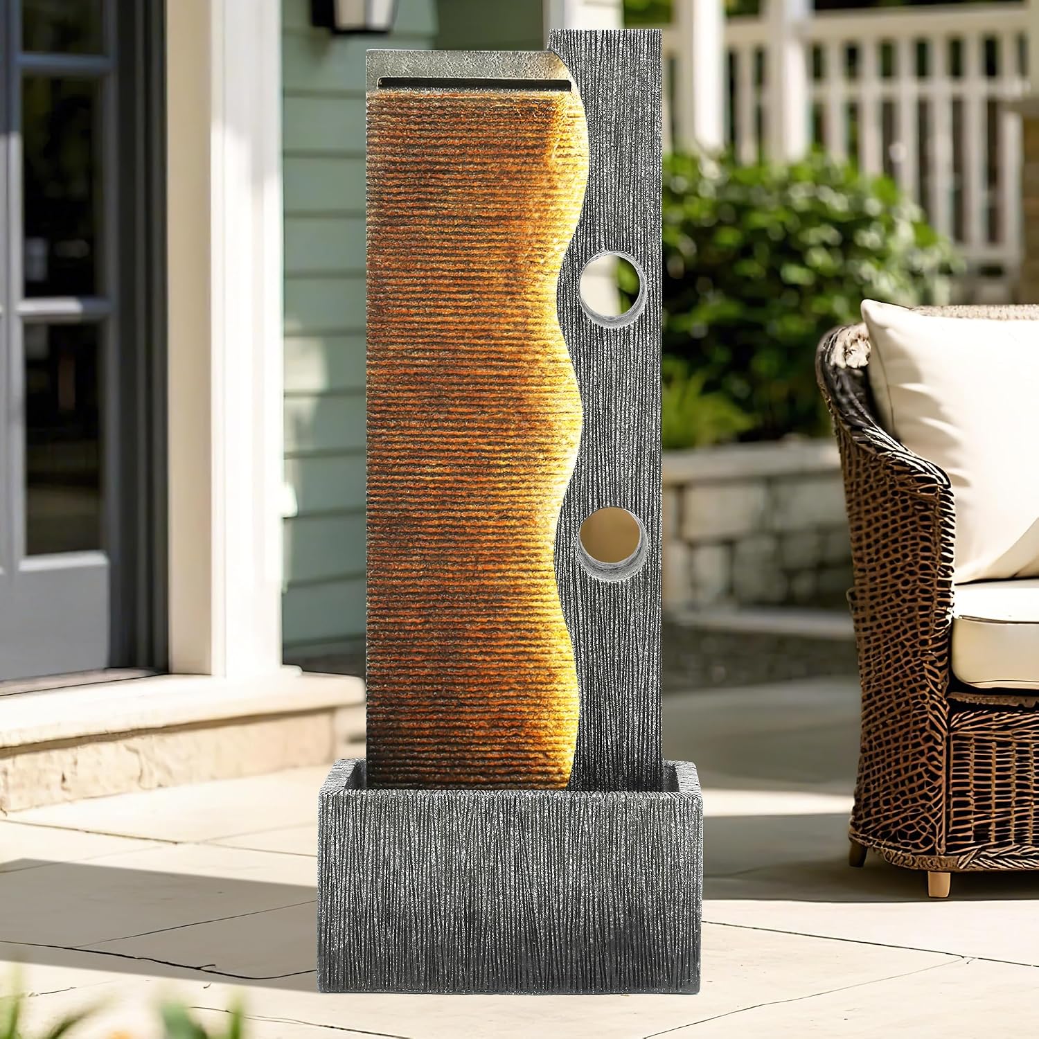 39.4' Modern Zen Faux Slate Water Fountain for Indoors or Outdoors with LED Lights, Cascading Waterfall, Tranquil Water Feature for Patio, Garden, Deck or Porch