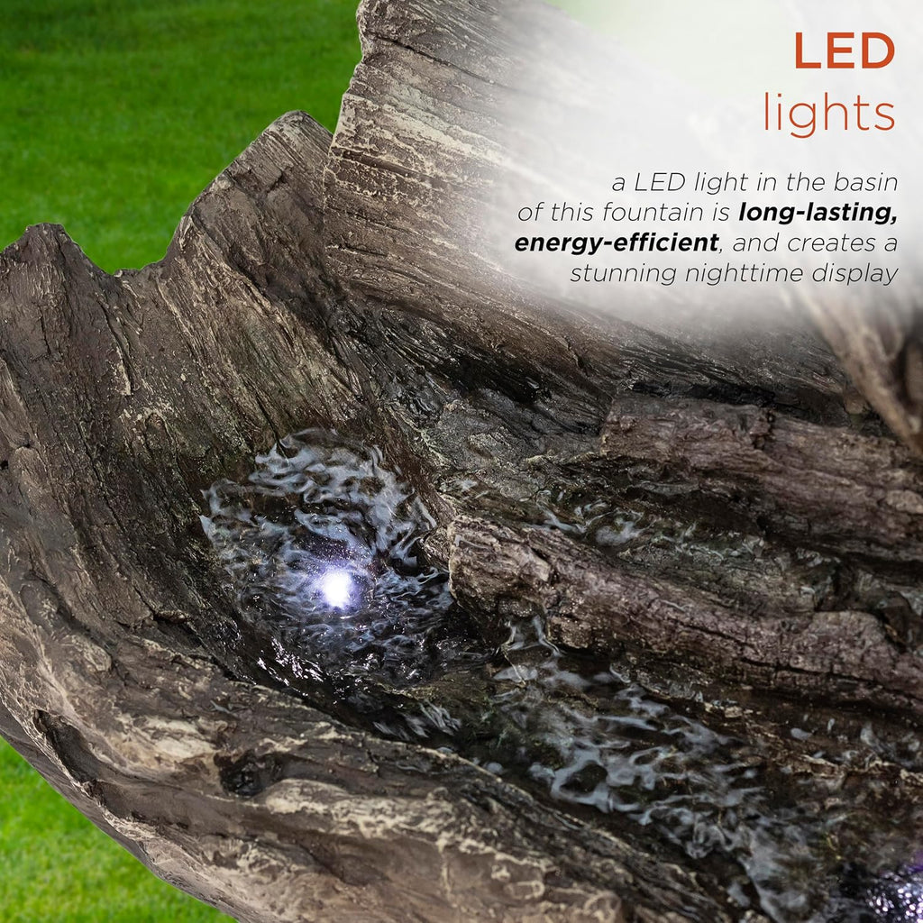 Alpine Corporation 24' Tall Outdoor 2-Tier Fallen Tree Trunk Water Fountain with LED Lights, Rustic Cascading Design for Garden, Patio & Yard Decor, Beige