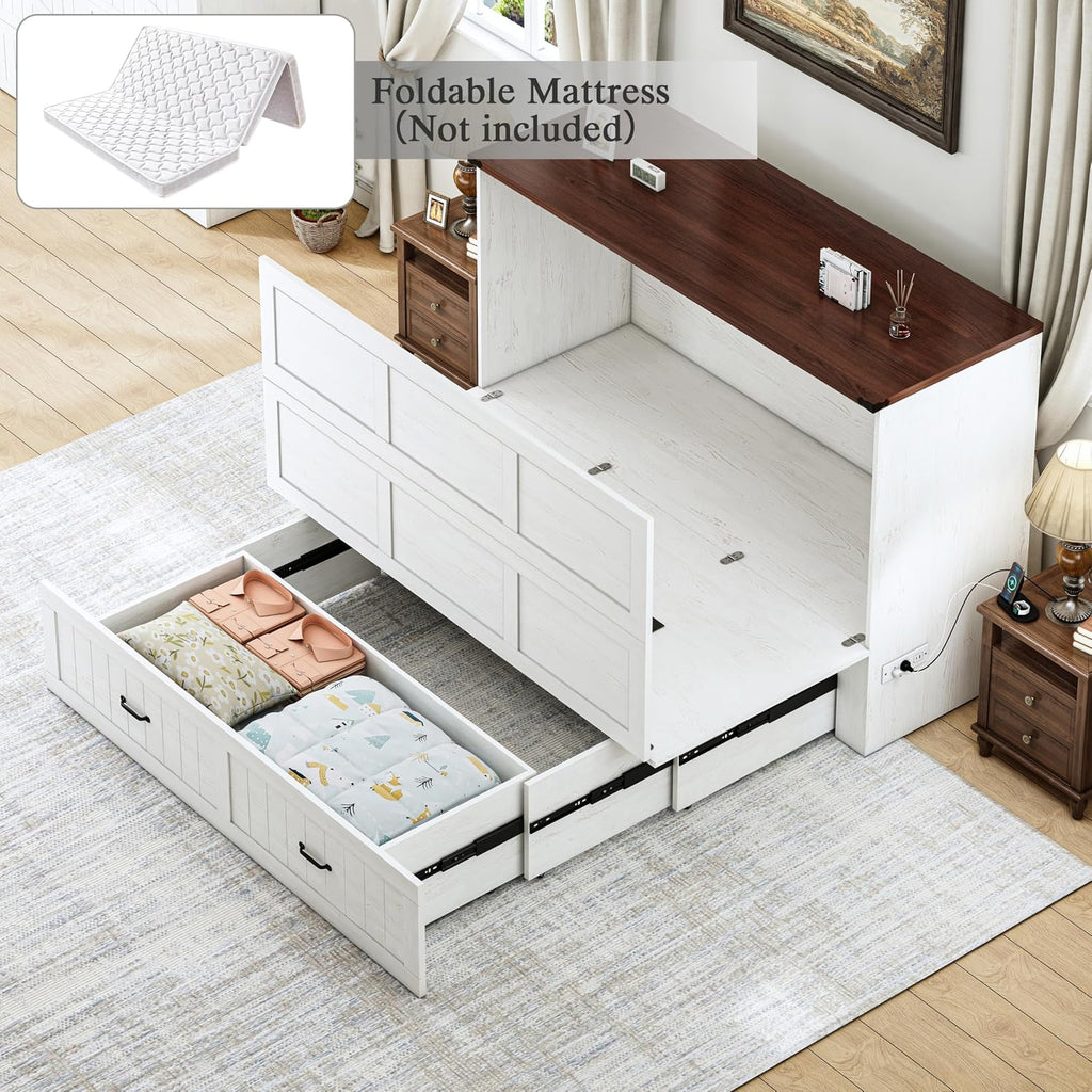 Full Size Murphy Bed with Charging Station and Large Drawer, Farmhouse Cabinet Bed with Storage, Multifunctional Wood Hidden Folding Bed Frame for Bedroom, White