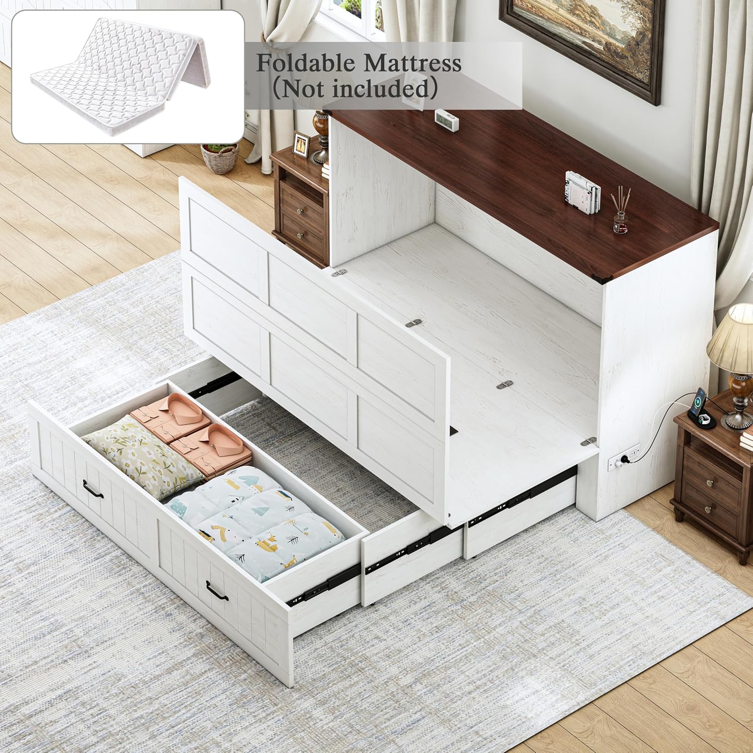 Queen Size Murphy Bed with Charging Station and Large Drawer, Farmhouse Cabinet Bed with Storage, Multifunctional Wood Hidden Folding Bed Frame for Bedroom, White