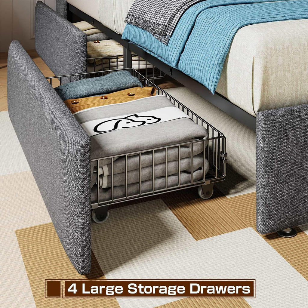 Driftalia LED Queen Bed Frame with 4 Storage Drawers, Upholstered Bed Frame Queen Size with 2-Tier Headboard and Charging Station, No Box Spring Needed, Easy to Assembly - Light Grey