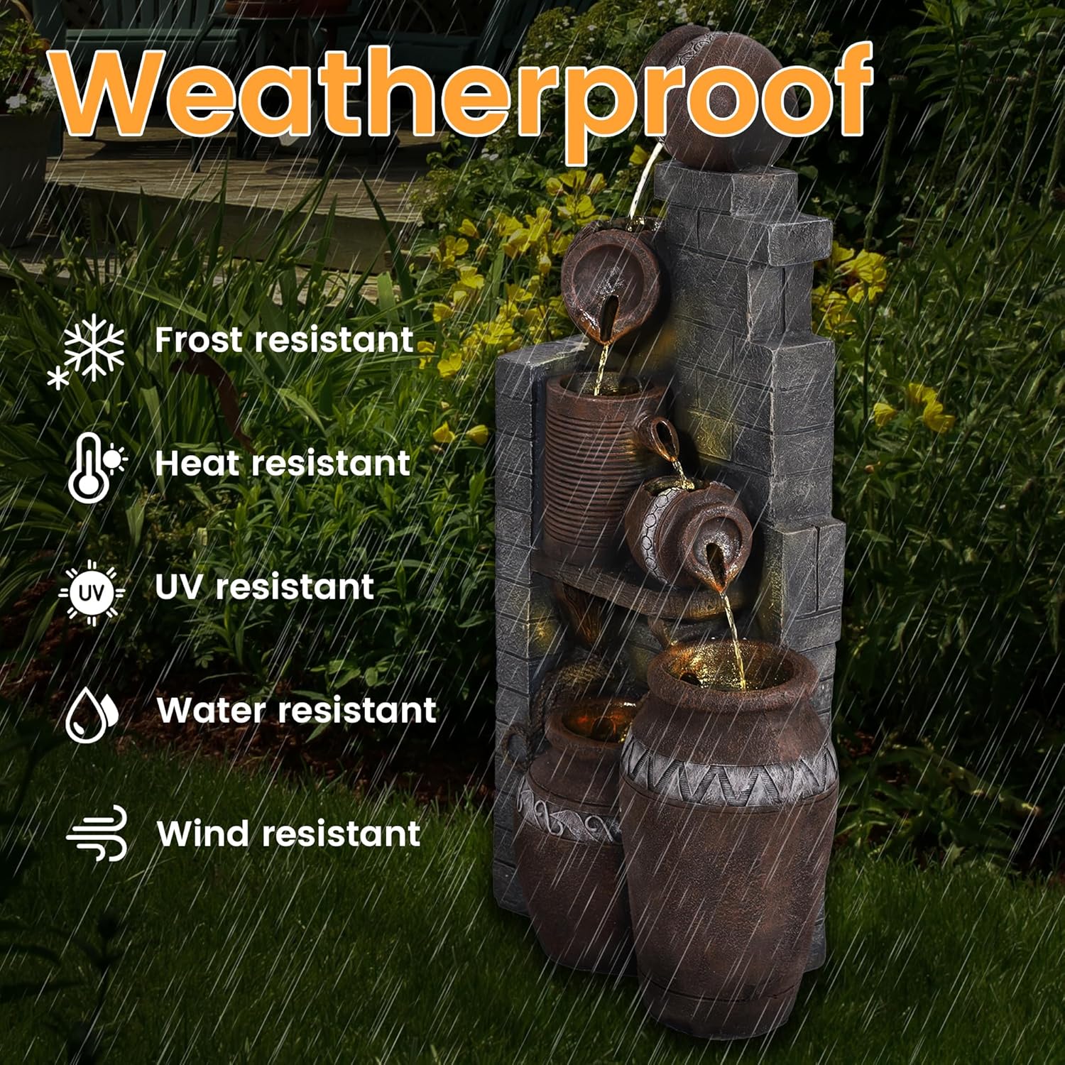 6-Tiers Garden Waterfall Fountain Outdoor - 40''H Water Fountains and Waterfalls, Large Outdoor/Indoor Floor Standing Resin Water Fountain with LED Light for Patio, Garden and Home (Grey)
