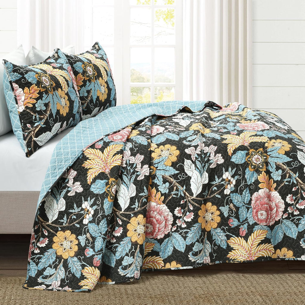 Lush Decor Sydney Reversible Cotton Quilt Set, 3 Piece Set, King, Black & Blue - Cotton Bedding Set - Black Floral Quilt - Cottage Decor - Bedding King Size