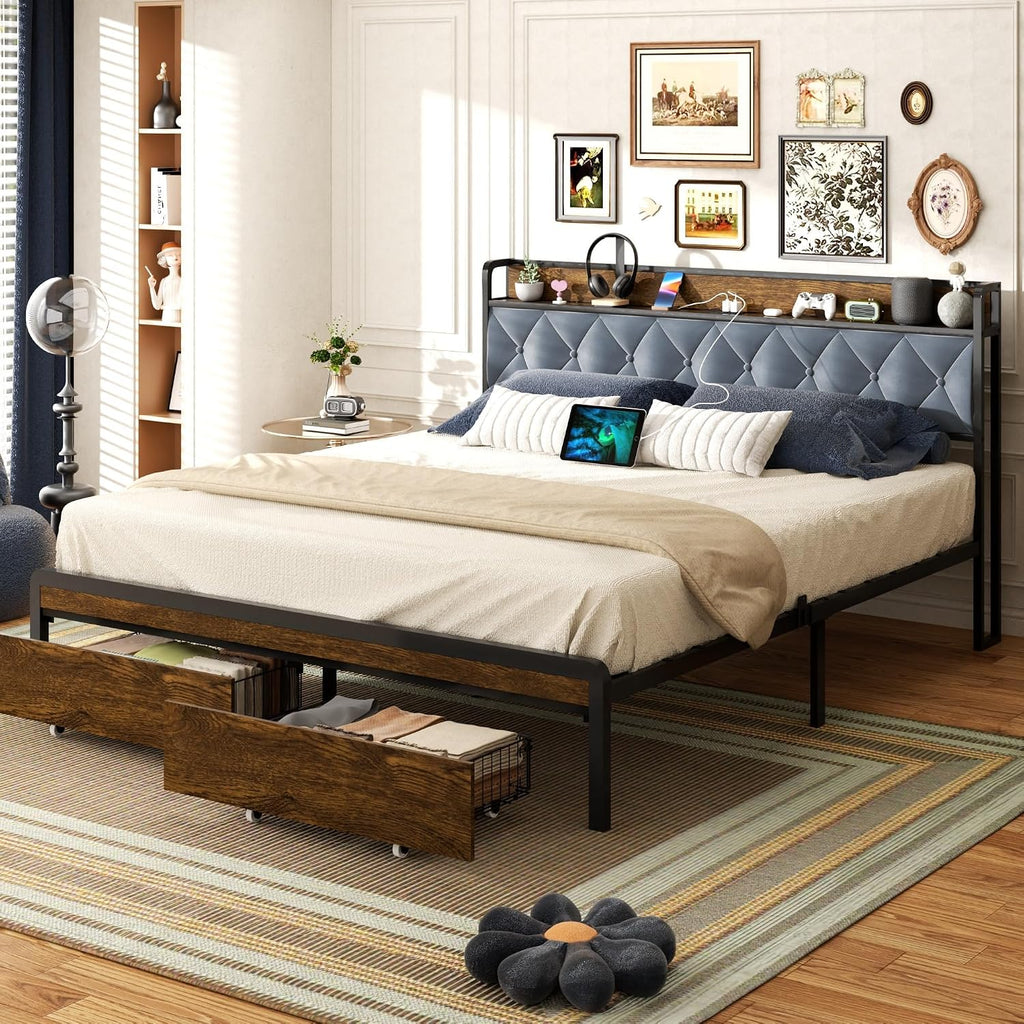 Sismplly Queen Size Metal Platform Bed Frame with 2 Storage Drawers & LED Light, Upholstered Headboard with Charging Station, No Box Spring Needed, Brown Wood Panel