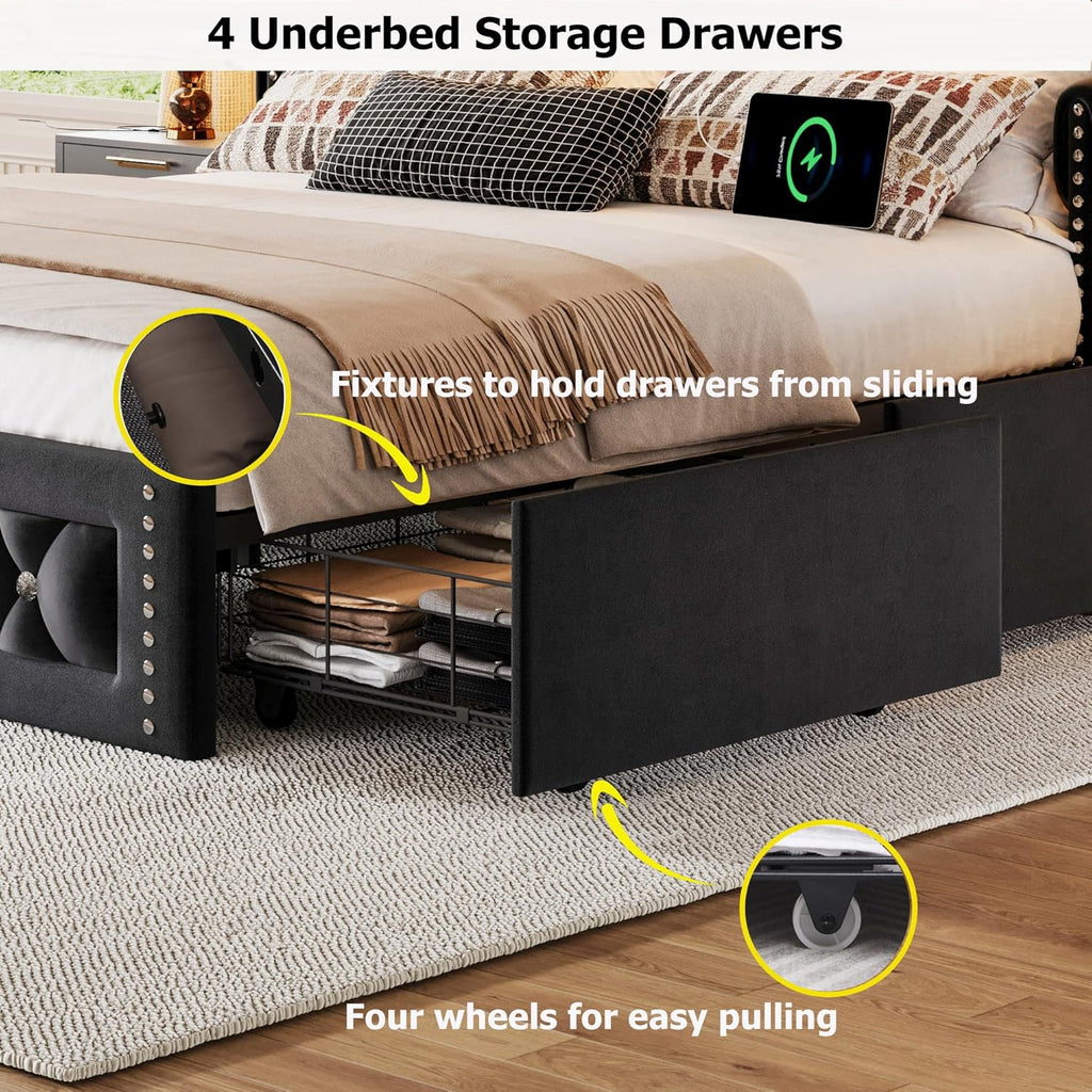 Ailisite Twin Size Bed Frame with 4 Storage Drawers and RGB Led Lights,Velvet Upholstered Platform Bed with Charging Station and Bookcase Storage Headboard, with Crystal and Rivet Deco, Black