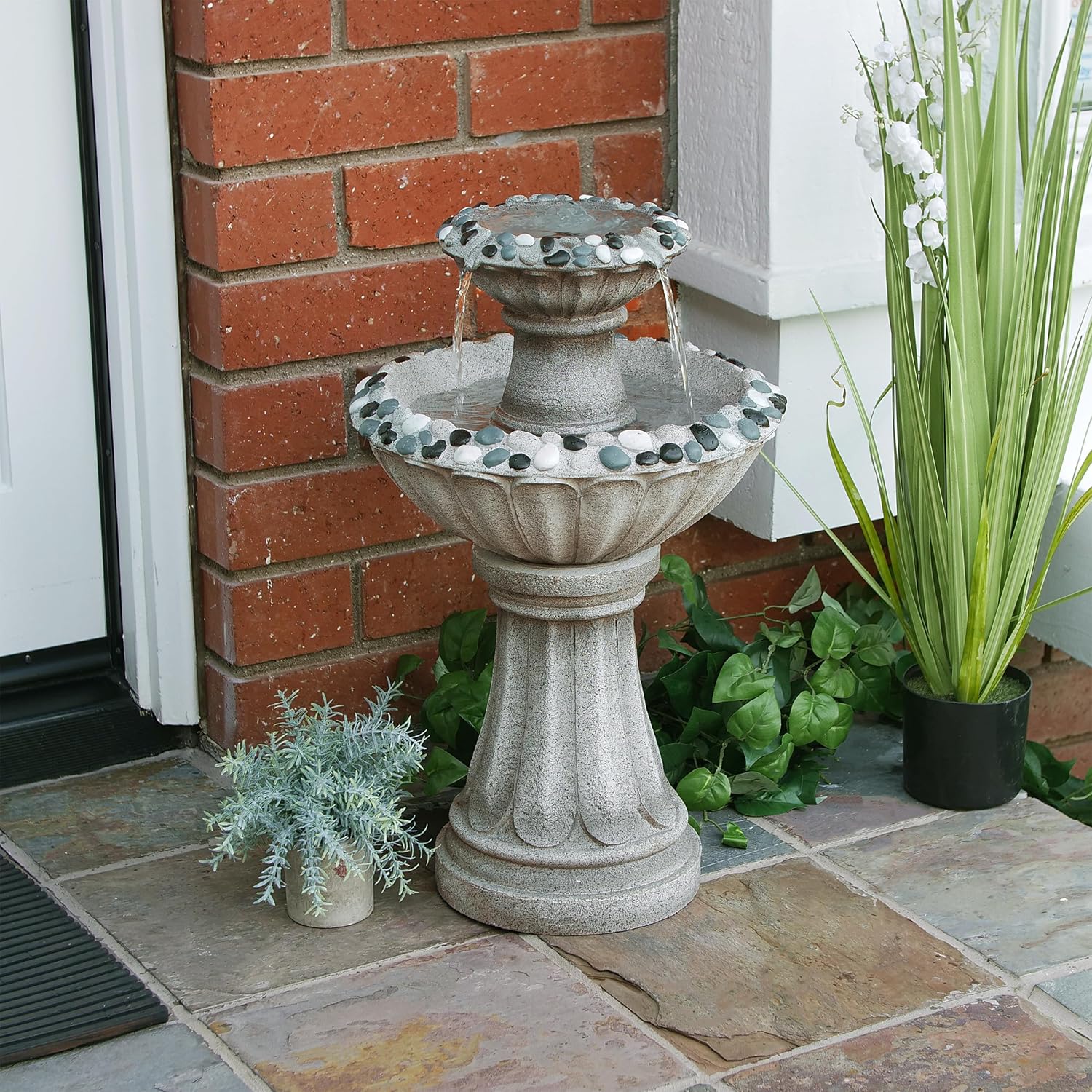 Alpine Corporation ZEN640S 24' 2 Tier Classic Pedestal Water Fountain, Indoor/Outdoor Floor Water Feature for Garden, Patio, and Home Décor, Gray